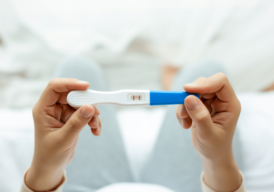 a woman looks at a positive pregnancy test