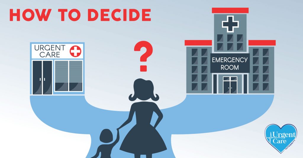 A woman looks between an urgent care and emergency room, trying to decide where to go